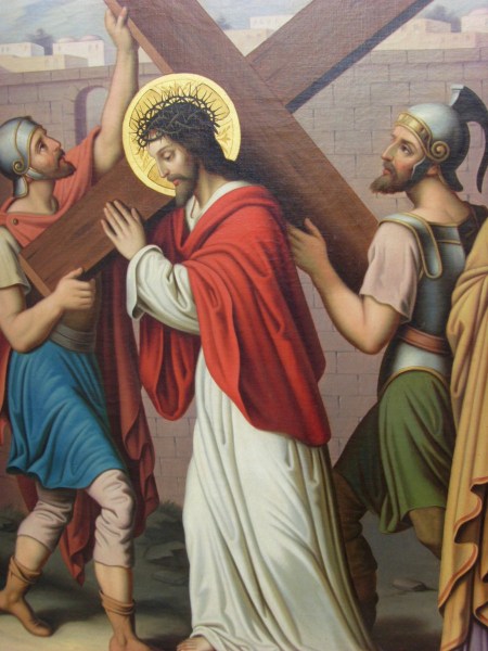 schilderij-Kruiswegstatie-neogotisch-Jesus-romeinse-soldaten-oil-canvas-2-station of the cross-painting